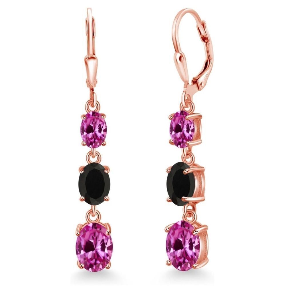 18K Rose Gold with 5.70 Cttw 3 Stone Pink Sapphire and Black Onyx Drop Earrings